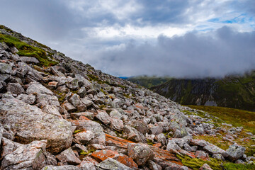 Stony rocky slope terrain, low cloud on mountain - Scottish Highlands, 3 km to the west of Tyndrum.