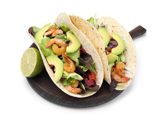 Delicious tacos with shrimps, avocado and lime on white background
