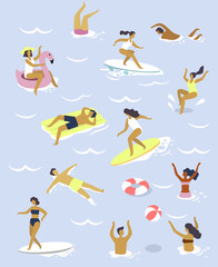 People relaxing in sea or swimming pool. Vacation character set
