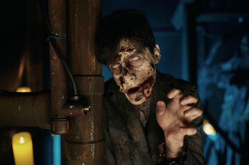 Portrait of crouching zombie with creepy face