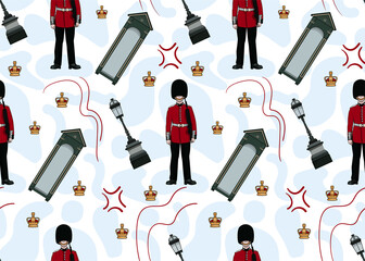 Seamless pattern of British Royal Guardsman at Palace in London in a box.
