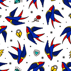 seamless pattern with swallows in the style of an old-school tattoo. Vector illustration