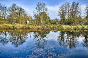 Magnifique reflet des arbres avec une petite maisonnette sur le canal