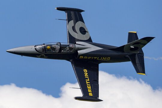 RAF Fairford, Gloucestershire, UK - July 11, 2014: Breitling Jet Team Aero L-39C Albatross jet trainer aircraft ES-YLF.