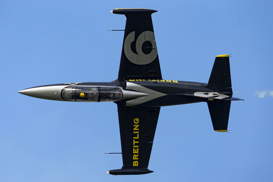RAF Fairford, Gloucestershire, UK - July 11, 2014: Breitling Jet Team Aero L-39C Albatross jet trainer aircraft ES-YLF.