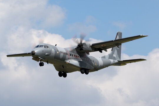 RAF Fairford, Gloucestershire, UK - July 11, 2014: Polish Air Force (Sily Powietrzne) CASA C-295M twin engine military cargo aircraft.