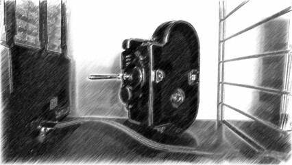 Black and white digital drawing of an antique movie camera on a shelf.