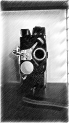 Black and white digital drawing of an antique movie camera on a shelf.