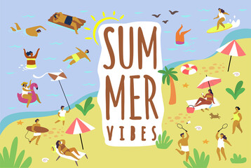 People on beach. Collection persons performing summer outdoor. Cartoon characters