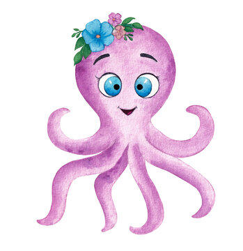 Watercolor cute octopus with flowers. Underwater creatures. Bright illustration perfect for children's textile, prints, postcard, posters