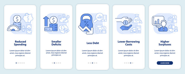 Balanced budget requirements light blue onboarding mobile app screen. Walkthrough 5 steps graphic instructions pages with linear concepts. UI, UX, GUI template. Myriad Pro-Bold, Regular fonts used