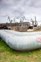 green giant cranes on the skylnie at the shipyard in gdansk poland