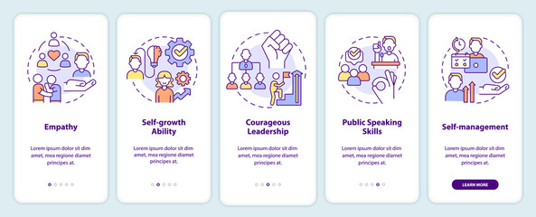 Soft skills for career success onboarding mobile app screen. Empathy walkthrough 5 steps graphic instructions pages with linear concepts. UI, UX, GUI template. Myriad Pro-Bold, Regular fonts used