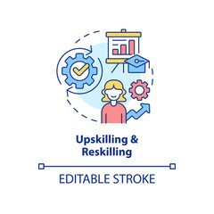 Upskilling and reskilling concept icon. Learning approach abstract idea thin line illustration. Develop new competencies. Isolated outline drawing. Editable stroke. Arial, Myriad Pro-Bold fonts used
