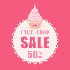 Discounts and sale in the cupcake shop 50% with a cupcake and a lace napkin