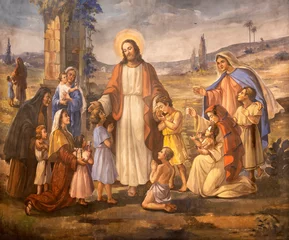 Foto auf Acrylglas BARI, ITALY - MARCH 3, 2022: The fresco Jesus among the children in the church Chiesa San Ferdinando by Umberto Colonna from 20. cent. © Renáta Sedmáková