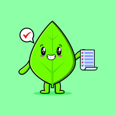 Cute cartoon green leaf character holding checklist note in concept 3d cartoon style
