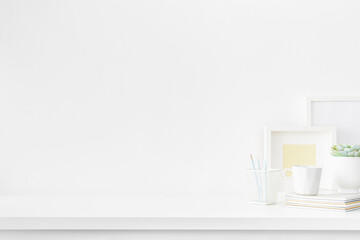 White home office, creative desk with office supplies and empty table space.	
