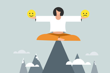 Conceptual illustration of a girl in a meditative pose holding a smiling face and a sad face in her hands