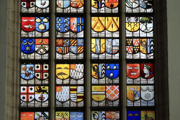Amsterdam Oude Kerk Church Stained Window Close Up, Netherlands