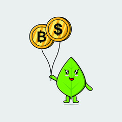 Cute cartoon green leaf floating with gold coin balloon cartoon vector illustration  