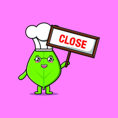 Cute cartoon green leaf chef character holding close sign designs in concept 3d cartoon style