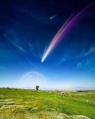 Amazing fantastic image: giant colorful comet and rising full moon in deep blue sky over green...