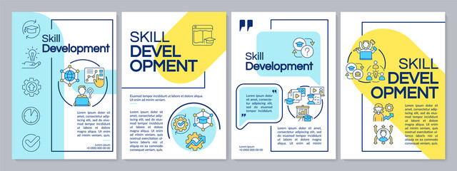 Skill learning blue and yellow brochure template. Increasing staff productivity. Leaflet design with linear icons. 4 vector layouts for presentation, annual reports. Questrial, Lato-Regular fonts used