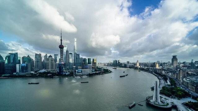 China Shanghai, Aerial view of Shanghai skyline from skyscraper.