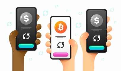 Smartphone mockup in human hand. Convert operation. Bitcoin and dollar. Crypto wallet. Vector colorful cryptocurrency illustration