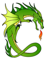Fototapeta premium Green fire-breathing dragon - vector full color picture with a mythological creature. Dragon curved in the shape of the letter C