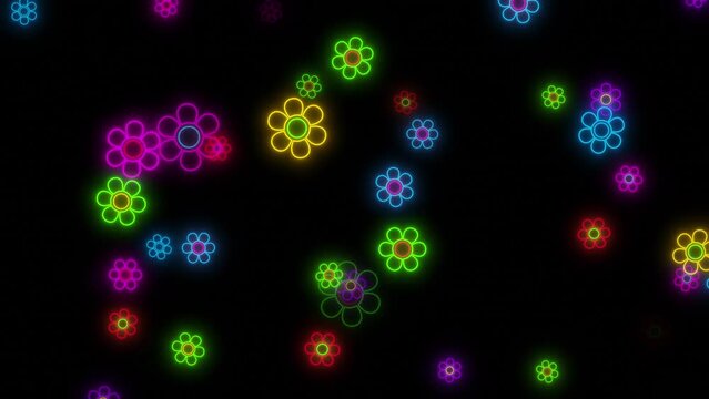 neon spring flowers falling, colorful neon lights on dark background, loop animation, nature element