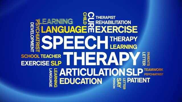 Speech Therapy animated tag word cloud;text design animation kinetic typography seamless loop.