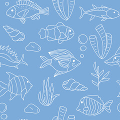 Sea underwater world seamless pattern vector illustration. Blue background with white silhouette of fish, algae and shells. Delicate baby model for design. Template for fabric, wallpaper, packaging