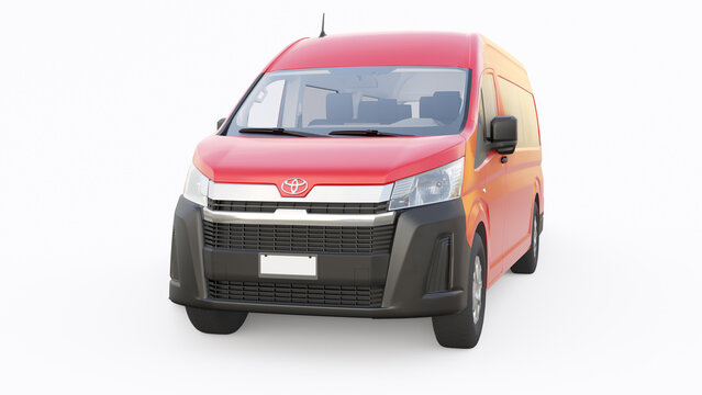 Tokyo, Japan. April 10, 2022: Toyota Hiace. Red passenger minibus for transporting people in the city and beyond. on a white isolated background. 3d illustration