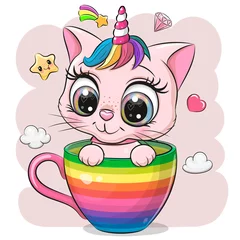 Fototapete Kinderzimmer Cartoon rosa Kätzchen mit dem Horn sitzt in einem Regenbogenbecher