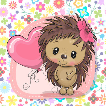 Cartoon Hedgehog with flower on a floral background
