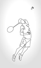 Single continuous one line drawing of badminton player jump and smash the shuttlecock. Trendy monoline draw design vector illustration for badminton tournament publication