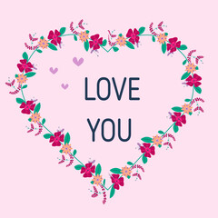 Love you postcard with floral heart on pink background