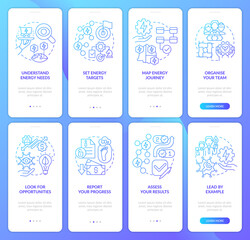Energy strategy blue gradient onboarding mobile app screen set. Walkthrough 4 steps graphic instructions pages with linear concepts. UI, UX, GUI template. Myriad Pro-Bold, Regular fonts used