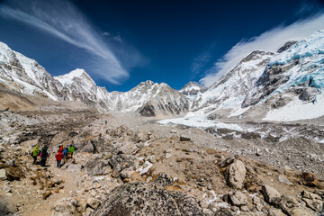 Panoramic view of snow mountains range landscape. Panoramic view of himalayas mountains. Highest mountain in the world. National Park, Nepal.