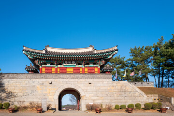 Front view of the Gwangseongbo Fortress, in the Gwangseongbo Fort, later named Anhaeru, meaning peaceful sea, as written on the top of the gate, Ganghwa island, Incheon, South Korea.