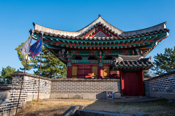 Fototapeta premium Upper pavilion on the gate of the Gwangseongbo Fortress, part of the Gwangseongbo Fort, also named Anhaeru, meaning peaceful sea, Ganghwa island, Incheon, South Korea.