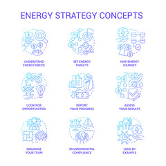 Energy strategy blue gradient concept icons set. Managing energy consumption idea thin line color illustrations. Look for opportunities. Isolated symbols. Roboto-Medium, Myriad Pro-Bold fonts used
