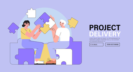 People hold jigsaw puzzle. Concept of business delivery or solution, teamwork and project realization, office or team corporate work organisation management. Characters fulfill tasks together.