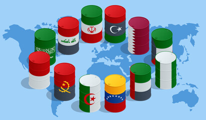 Isometric Organization of the Petroleum Exporting Countries, OPEC. Oil production. Oil barrels in color of flags of countries memebers of OPEC on world political map - obrazy, fototapety, plakaty