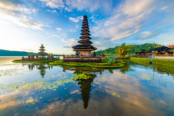 Pura Ulun Danu Bratan, Hindu temple on Bratan lake landscape, one of famous tourist attraction in Bali, Indonesia