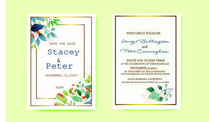 wedding invitation in rustic style with watercolor brushes in pleasant colors