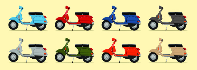 Travel scooter in Italian style. Colorful motorcycle. Vintage scooter illustration. - obrazy, fototapety, plakaty