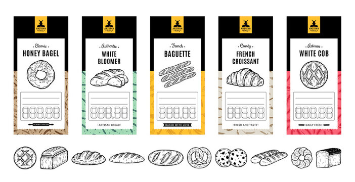 Set of bakery price tags. Bread labels and packaging design templates. Vector bakery illustrations and patterns